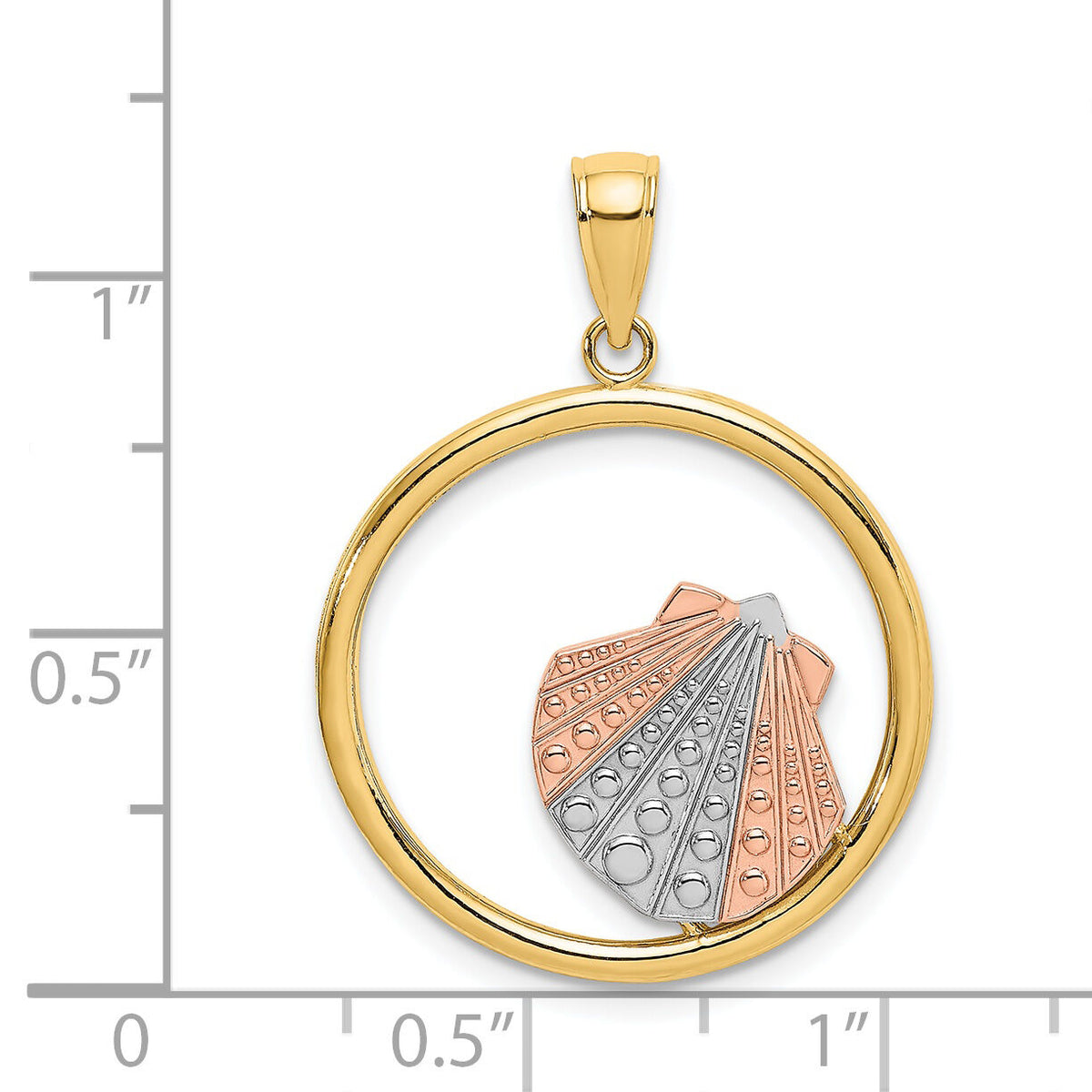 14K Two-tone w/White Rhodium Scallop Shell In Circle Charm-K9426
