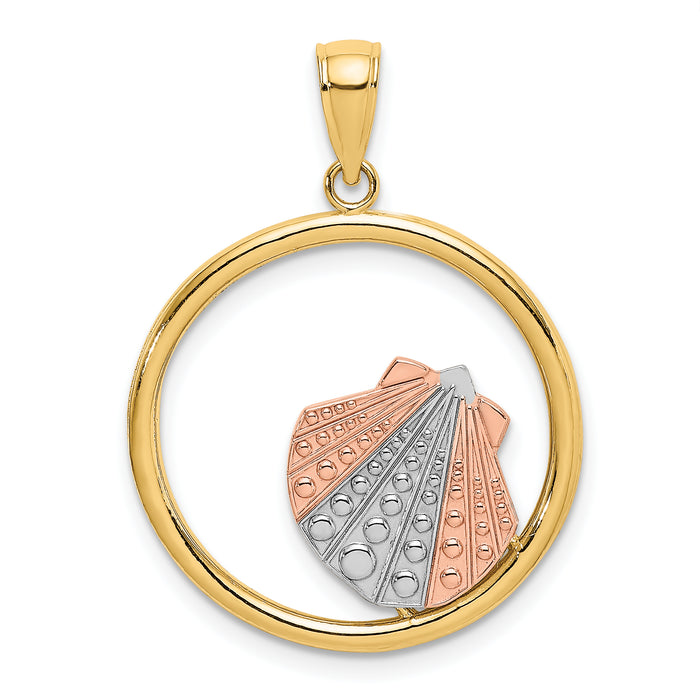 14K Two-tone w/White Rhodium Scallop Shell In Circle Charm-K9426