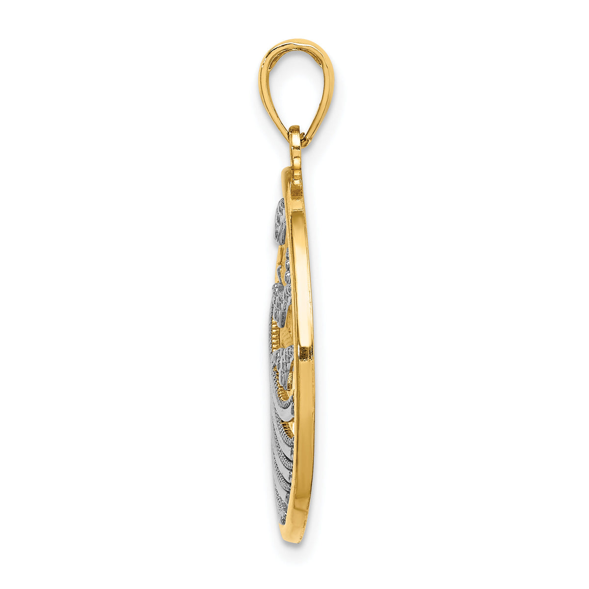 14k w/Rhodium Sunset and Seagulls In Circle Pendant-K9429