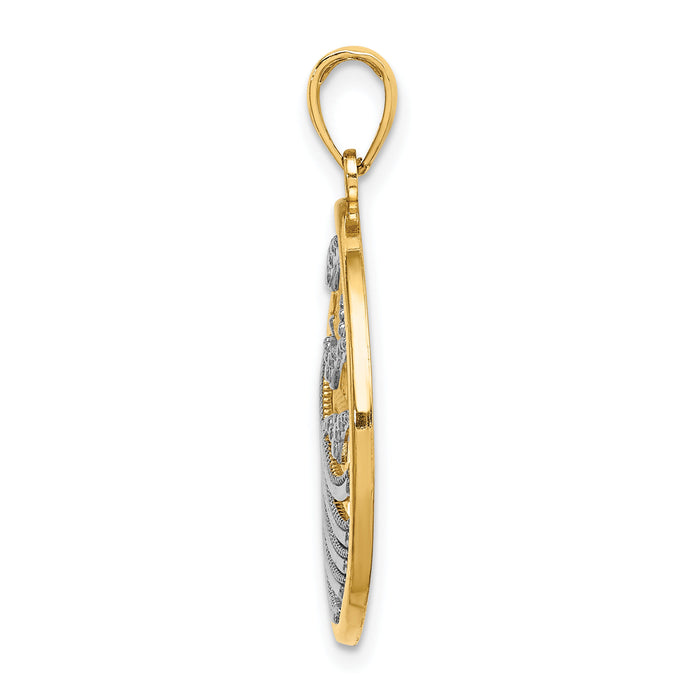 14k w/Rhodium Sunset and Seagulls In Circle Pendant-K9429