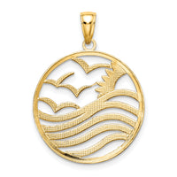 14k w/Rhodium Sunset and Seagulls In Circle Pendant-K9429