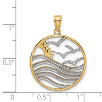 14k w/Rhodium Sunset and Seagulls In Circle Pendant-K9429