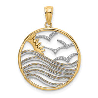 14k w/Rhodium Sunset and Seagulls In Circle Pendant-K9429