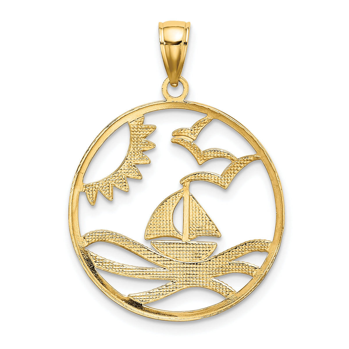 14k w/Rhodium Sun Sailboat Water Seagulls Circle Charm-K9430