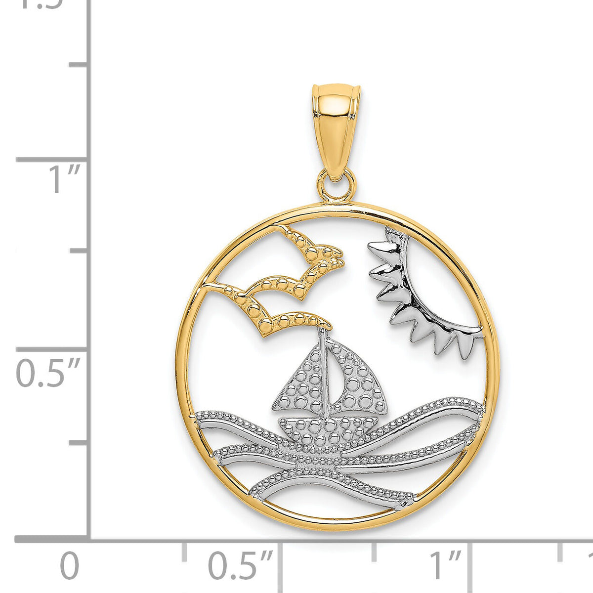 14k w/Rhodium Sun Sailboat Water Seagulls Circle Charm-K9430