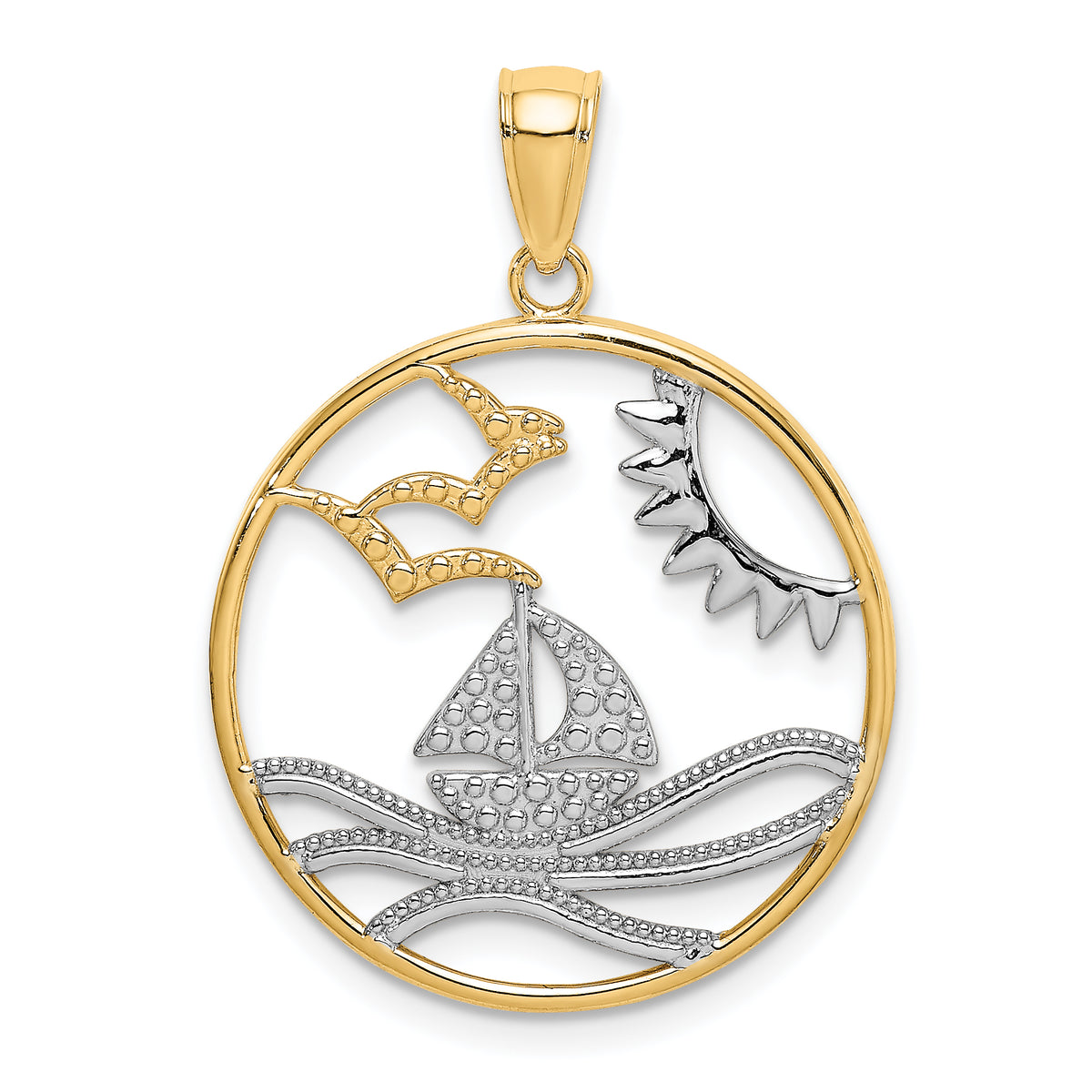 14k w/Rhodium Sun Sailboat Water Seagulls Circle Charm-K9430