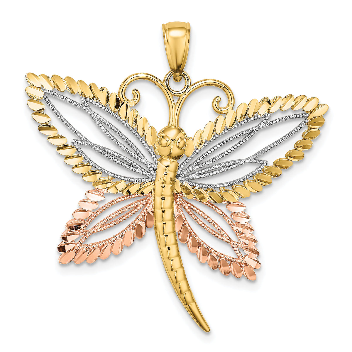 14k Two-tone with White Rhodium Dragonfly w/Beaded D/C Wings Charm-K9438