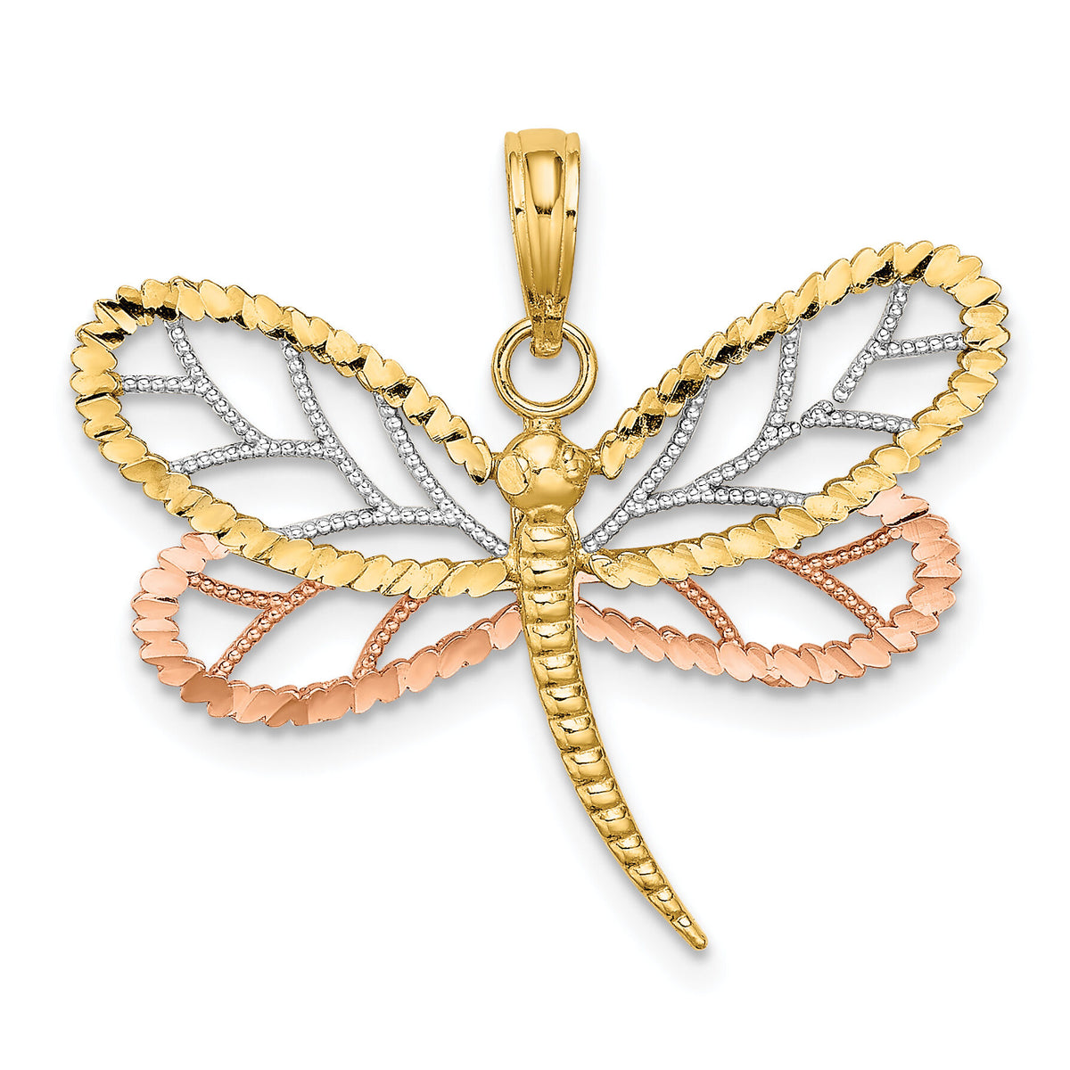 14k Two-tone White Rhodium Dragonfly w/Beaded Diamond-cut Wings Charm-K9439