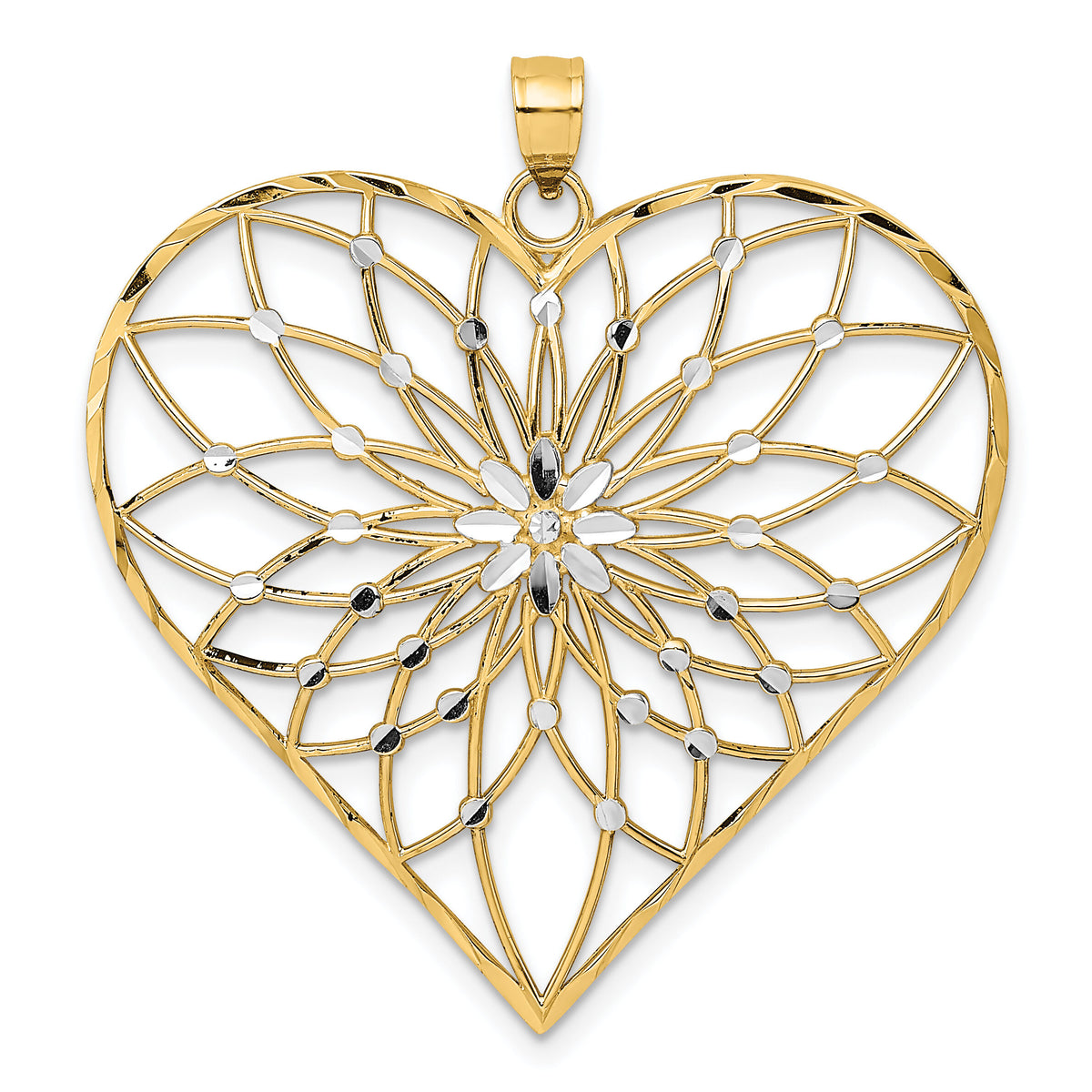 14k with White Rhodium Diamond-cut Large Filigree Heart Pendant-K9442