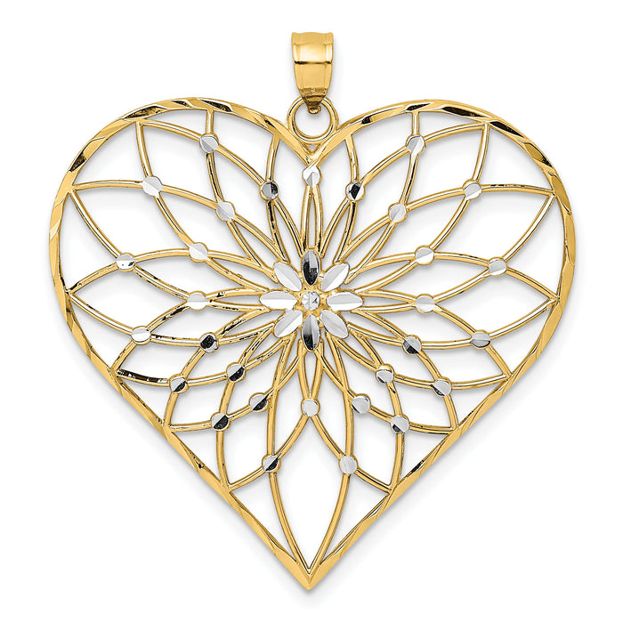14k with White Rhodium Diamond-cut Large Filigree Heart Pendant-K9442
