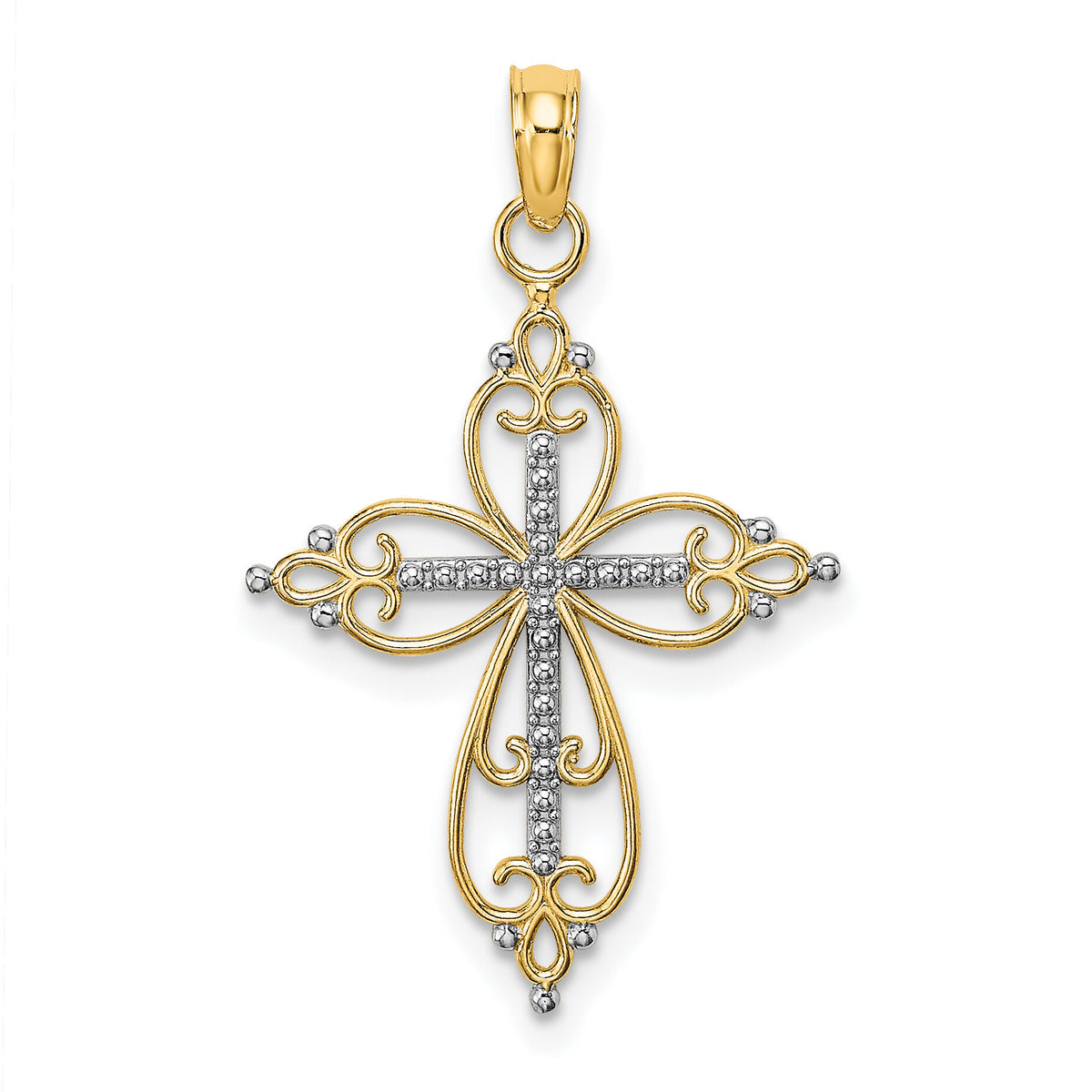 14K W/ Rhodium Beaded Cross Charm-K9443