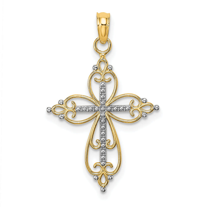 14K W/ Rhodium Beaded Cross Charm-K9443