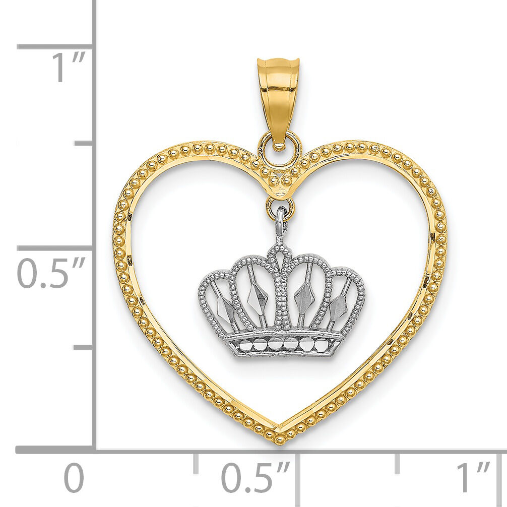 14k& White Rhodium Beaded Heart w/ Dangling Crown Charm-K9451