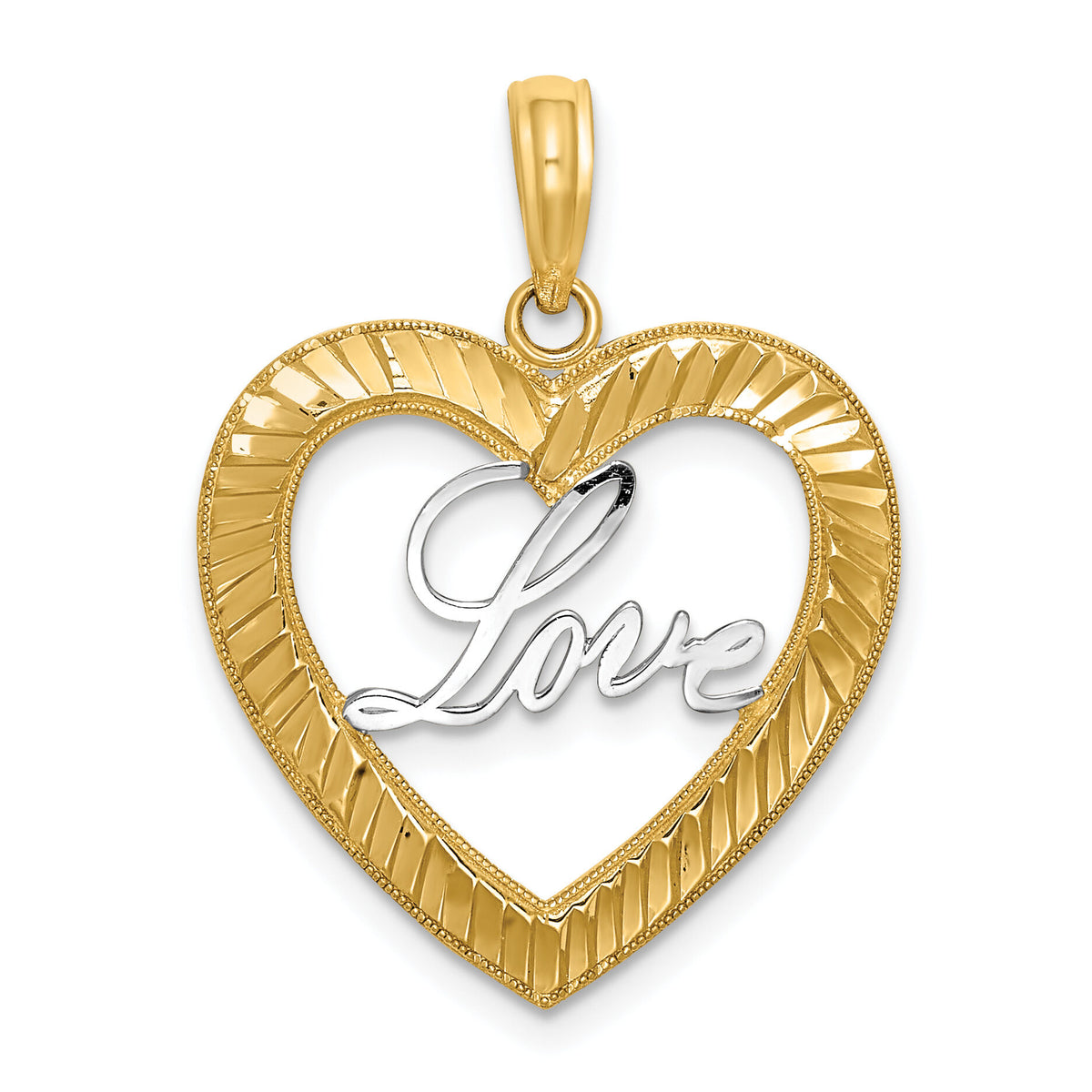14k and Rhodium Diamond-cut LOVE Heart Pendant-K9452