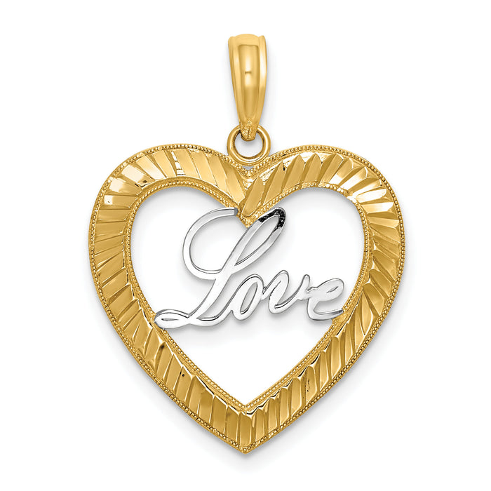 14k and Rhodium Diamond-cut LOVE Heart Pendant-K9452