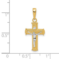 14K W/ Rhodium Polished Block INRI Crucifix Charm-K9460
