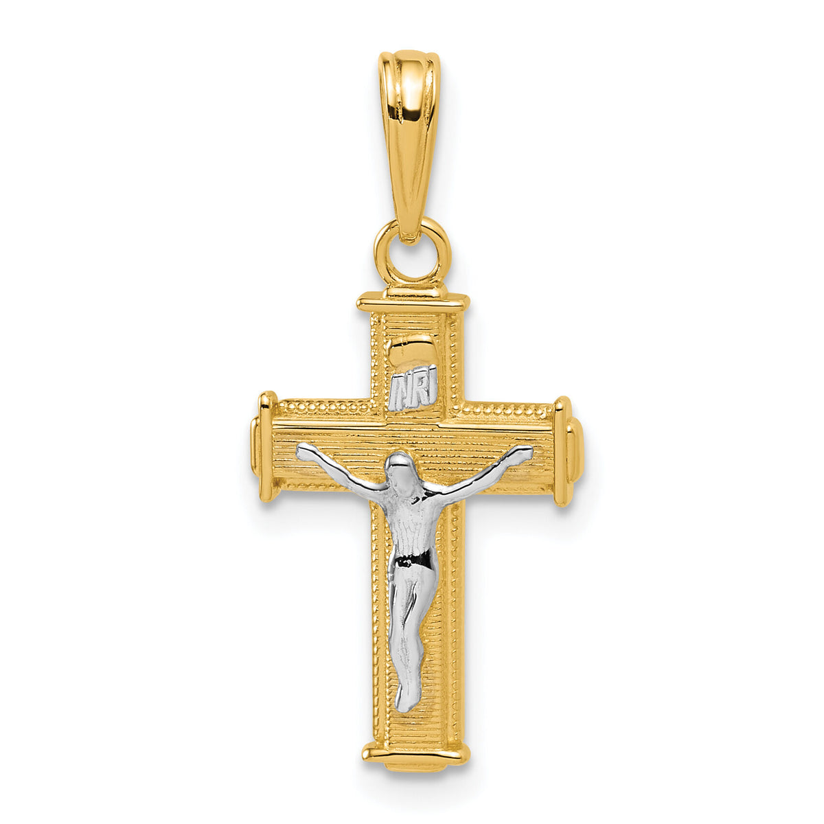 14K W/ Rhodium Polished Block INRI Crucifix Charm-K9460