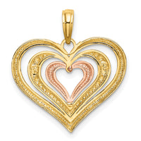 14k Two-tone White Rhodium Textured and Polished Triple Hearts Charm-K9461