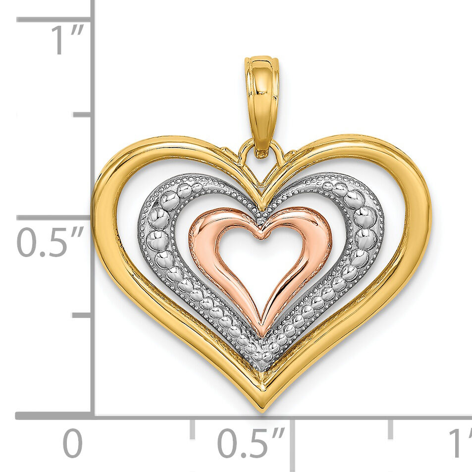 14k Two-tone White Rhodium Textured and Polished Triple Hearts Charm-K9461
