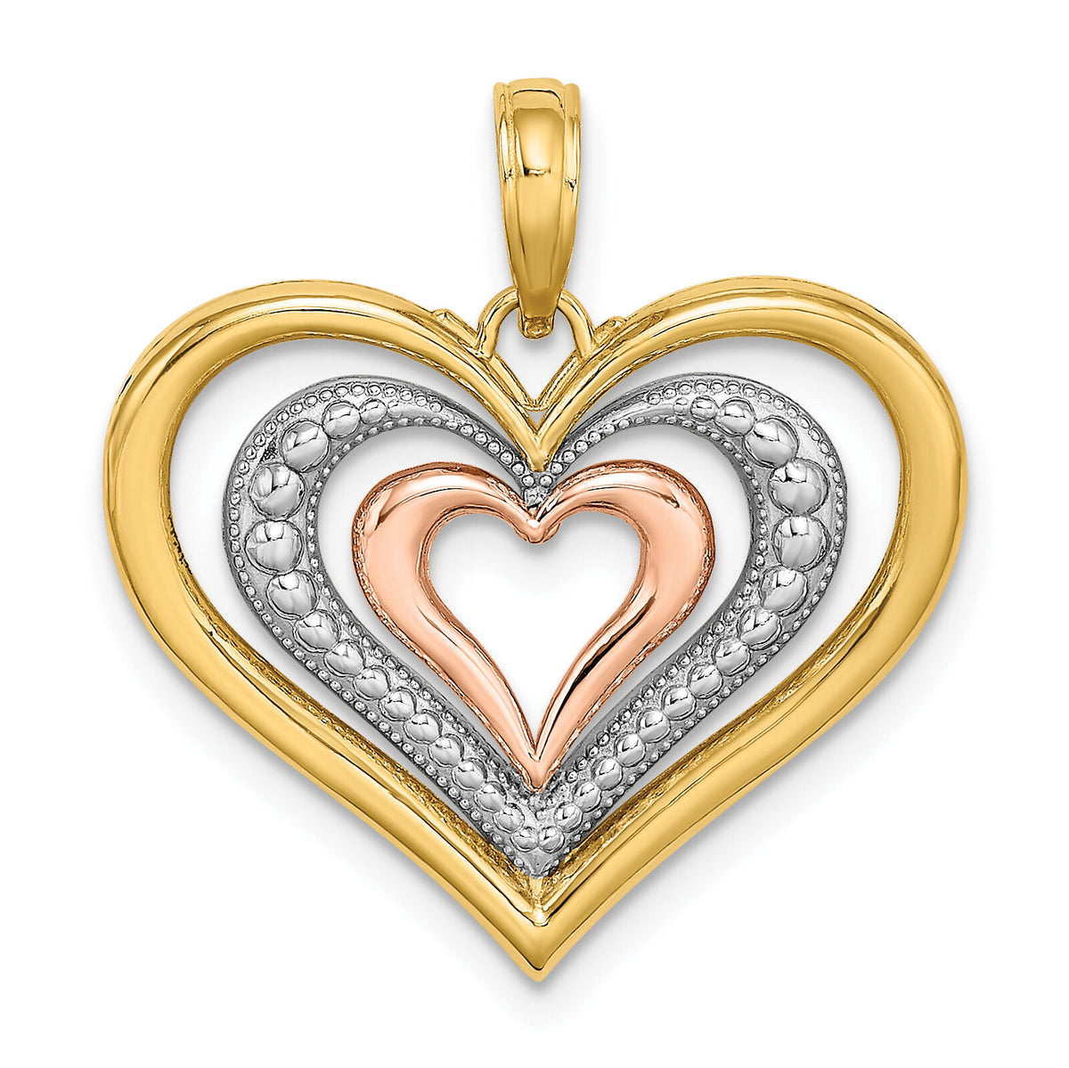 14k Two-tone White Rhodium Textured and Polished Triple Hearts Charm-K9461