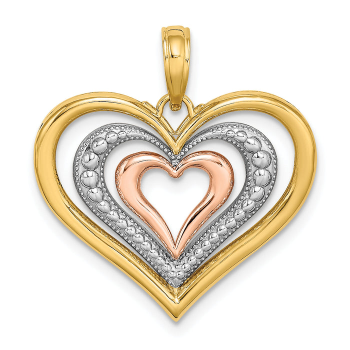 14k Two-tone White Rhodium Textured and Polished Triple Hearts Charm-K9461