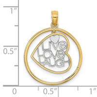 14k w/Rhodium LIVE LOVE LAUGH Heart Dangling In Circle Charm-K9462
