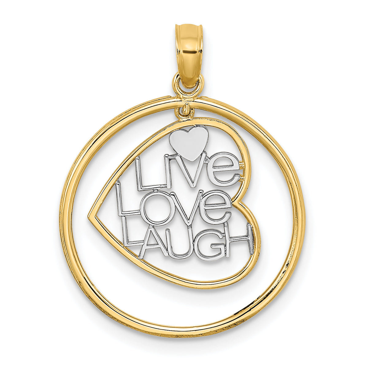 14k w/Rhodium LIVE LOVE LAUGH Heart Dangling In Circle Charm-K9462