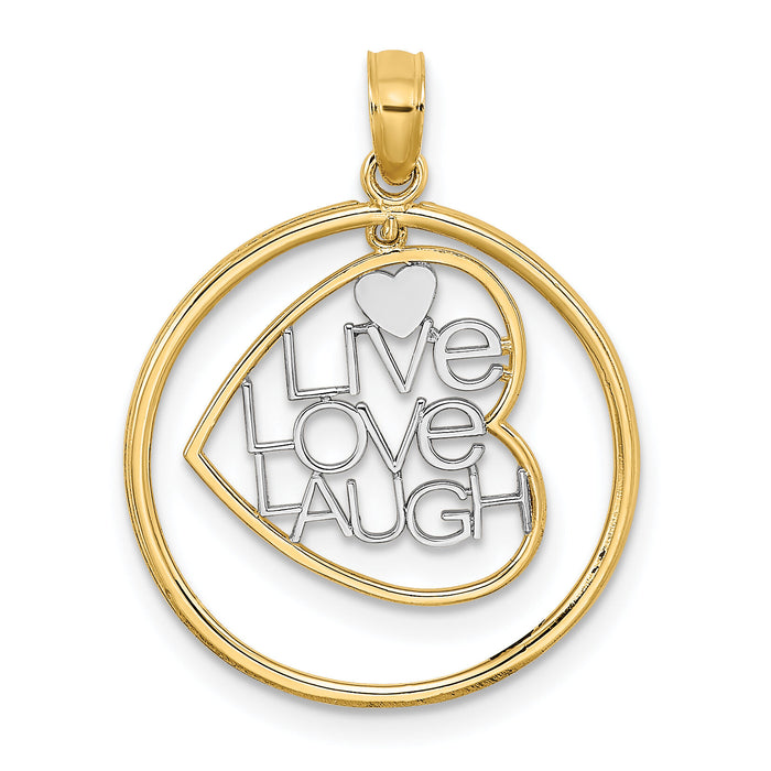 14k w/Rhodium LIVE LOVE LAUGH Heart Dangling In Circle Charm-K9462