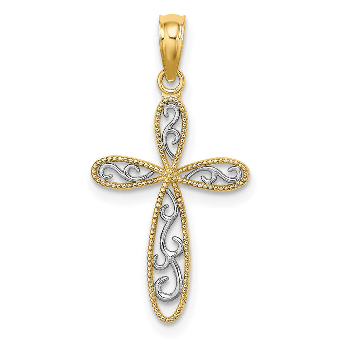14K w/ Rhodium Filigree and Milgrain Cross Charm-K9465