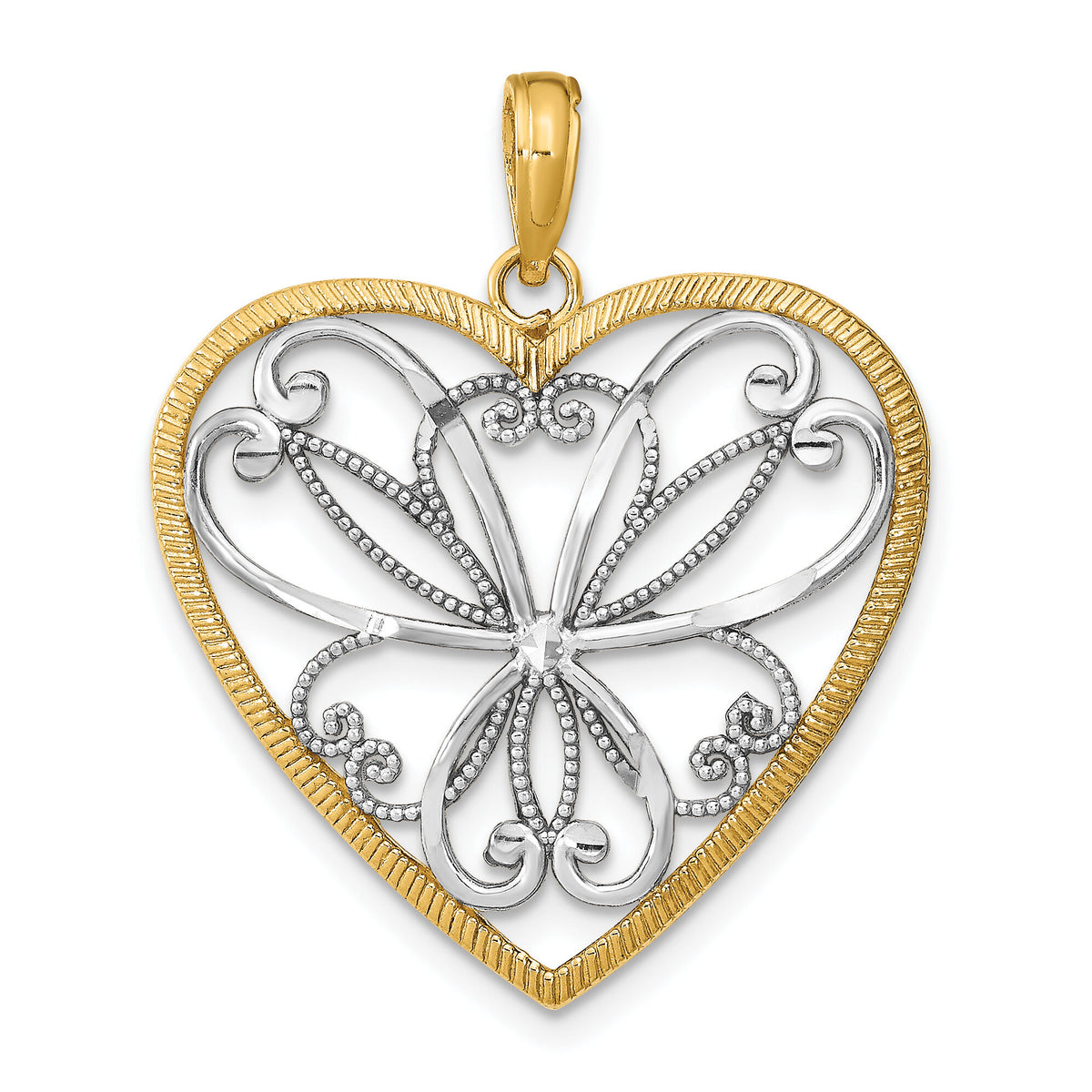 14k w/Rhodium and Filigree Heart Charm-K9473