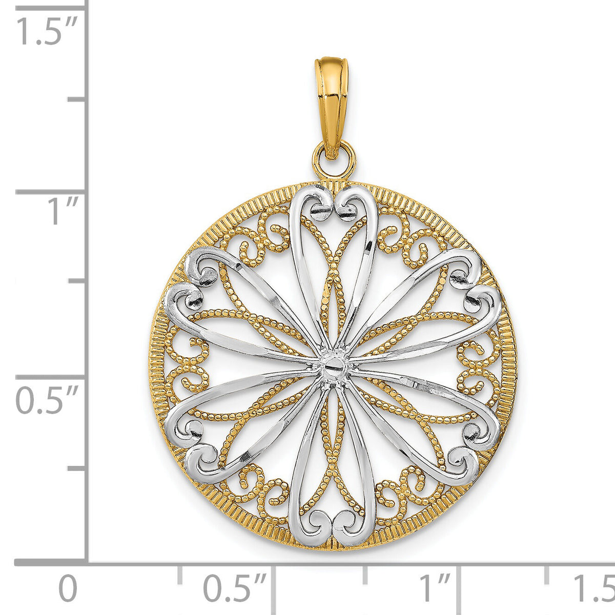 14K w/Rhodium Filigree Center Round Charm-K9474