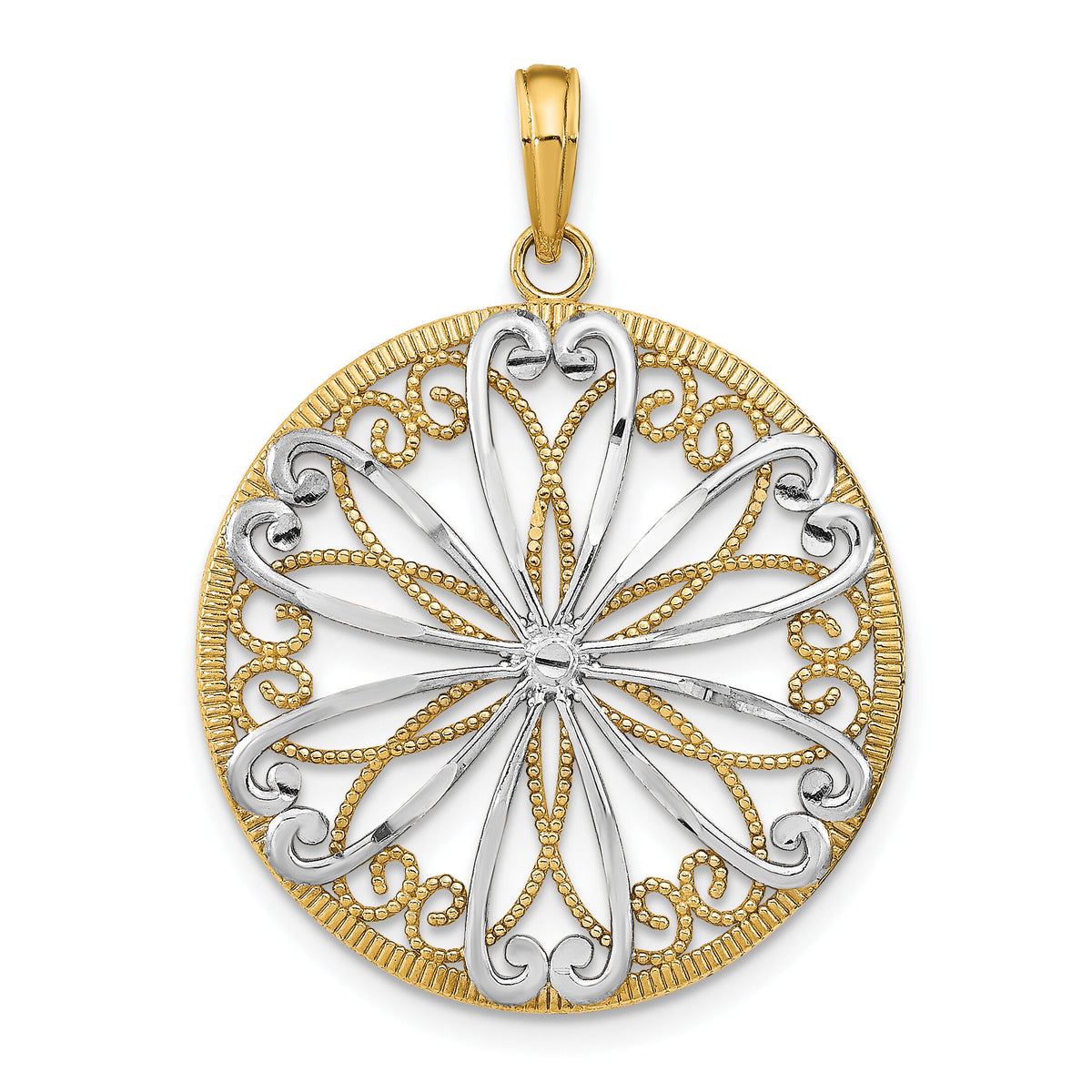 14K w/Rhodium Filigree Center Round Charm-K9474