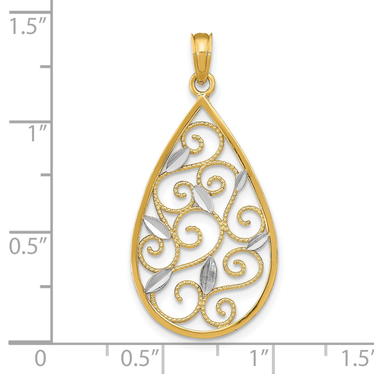 14K w/Rhodium Beaded Filigree D/C Teardrop Charm-K9477