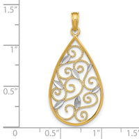 14K w/Rhodium Beaded Filigree D/C Teardrop Charm-K9477