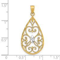 14K w/Rhodium Heart Beaded Filigree D/C Teardrop Charm-K9478