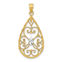 14K w/Rhodium Heart Beaded Filigree D/C Teardrop Charm-K9478