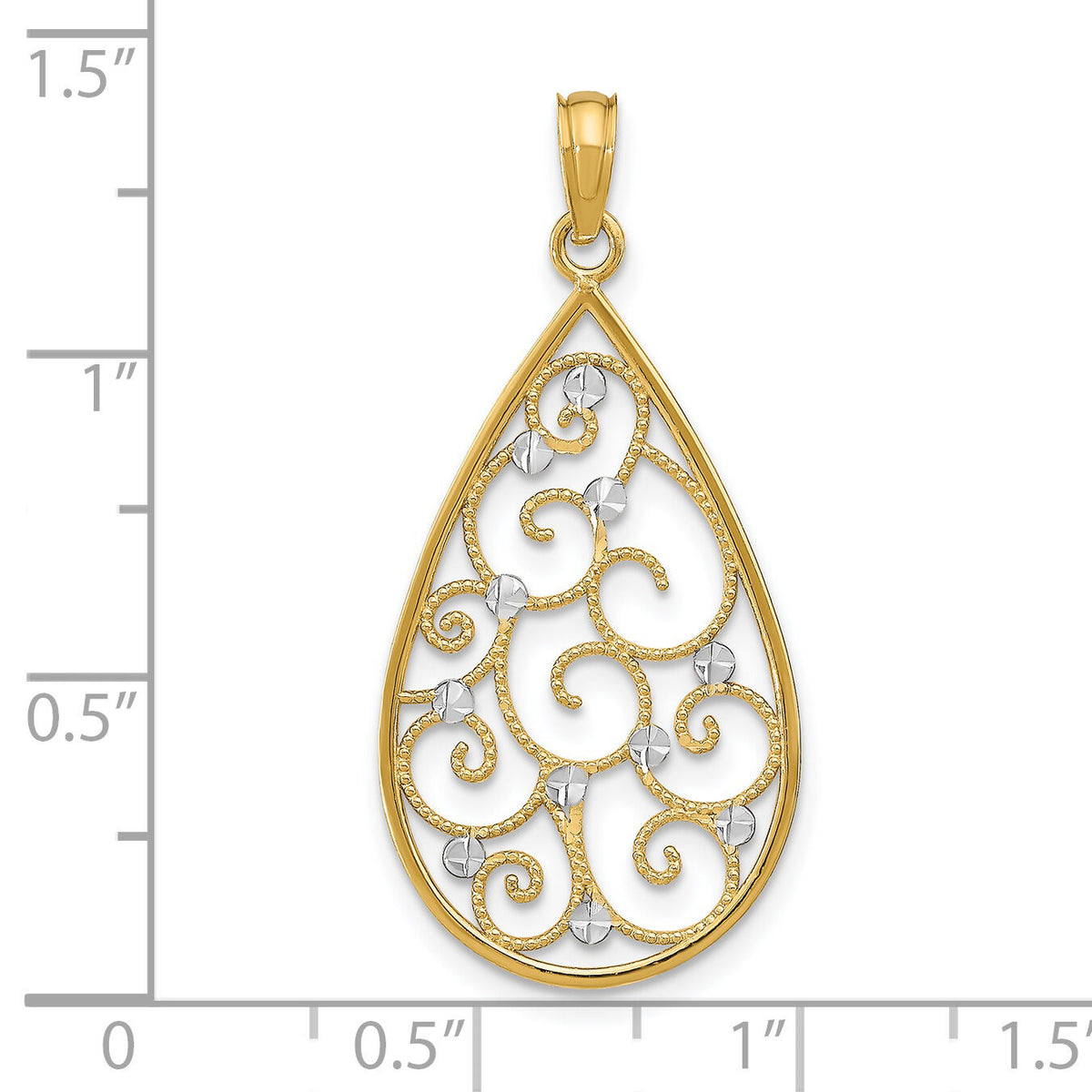 14K w/Rhodium Beaded Filigree D/C Teardrop Charm-K9479