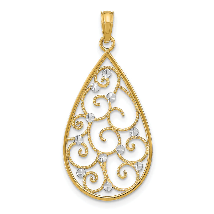 14K w/Rhodium Beaded Filigree D/C Teardrop Charm-K9479