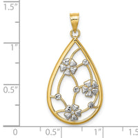 14K w/ White Rhodium Flowers In Teardrop Frame Charm-K9482