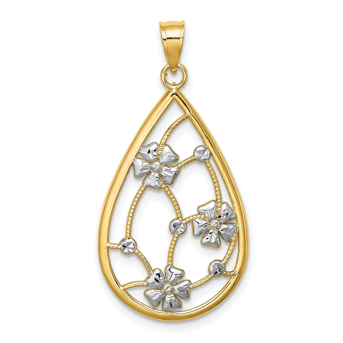 14K w/ White Rhodium Flowers In Teardrop Frame Charm-K9482
