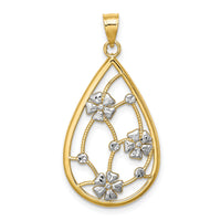 14K w/ White Rhodium Flowers In Teardrop Frame Charm-K9482