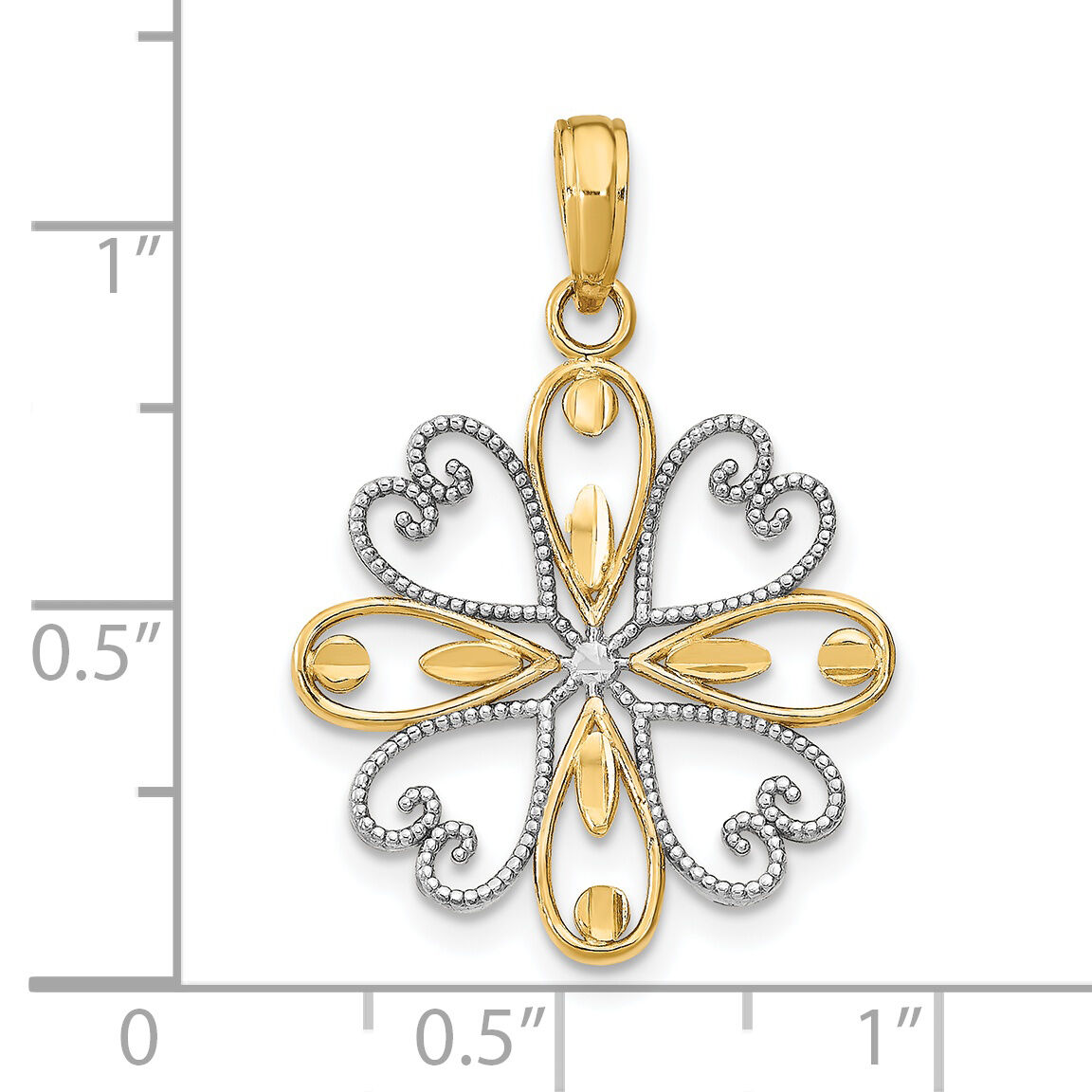 14K w/Rhodium Beaded Heart Petals Flower Charm-K9484