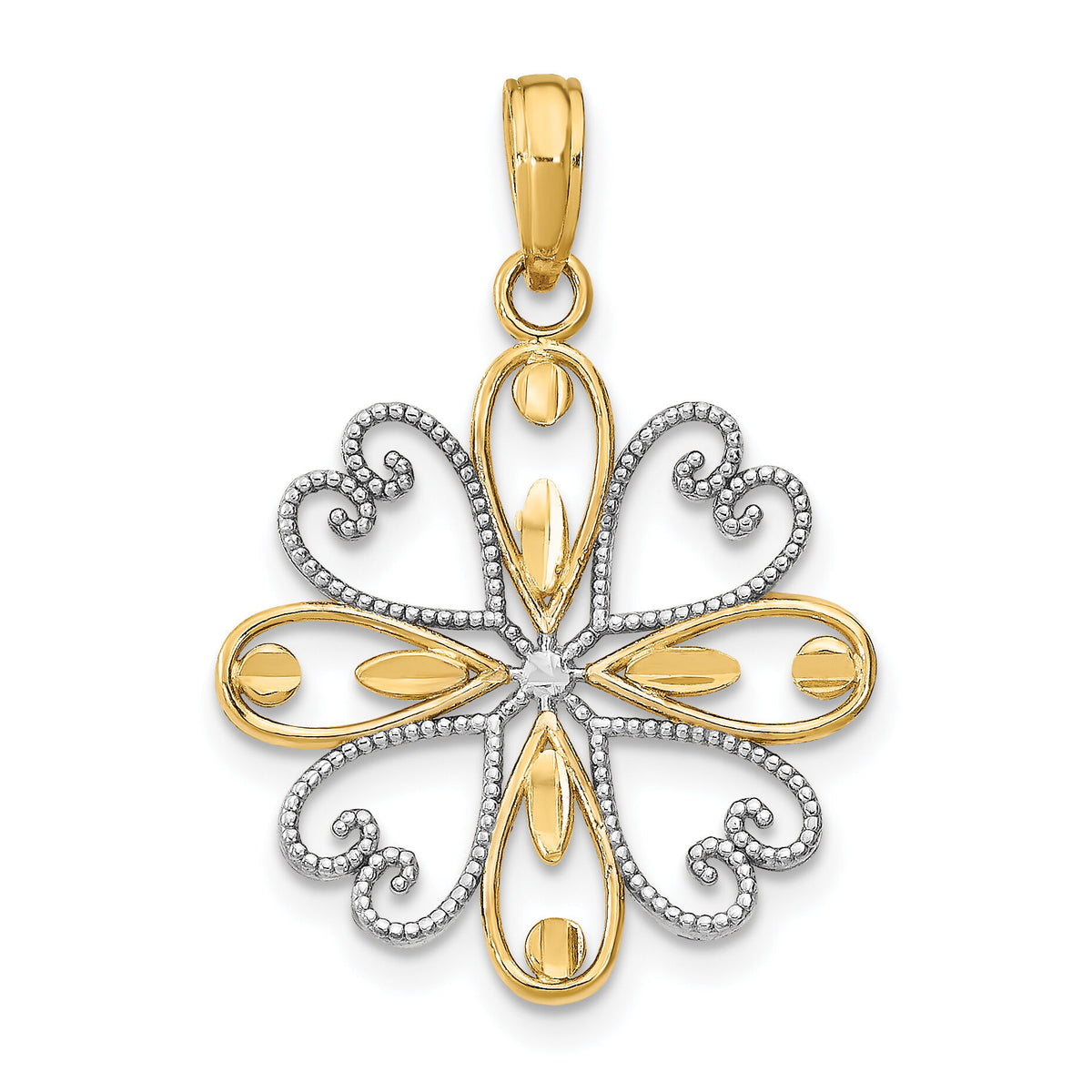14K w/Rhodium Beaded Heart Petals Flower Charm-K9484