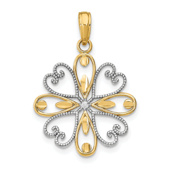 14K w/Rhodium Beaded Heart Petals Flower Charm-K9484