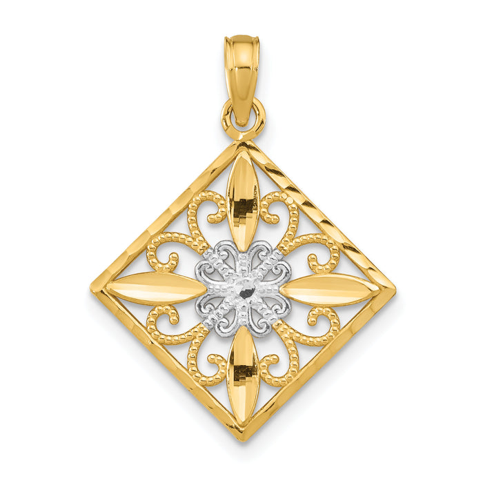 14K w/Rhodium Flower and Cross Square Charm-K9485