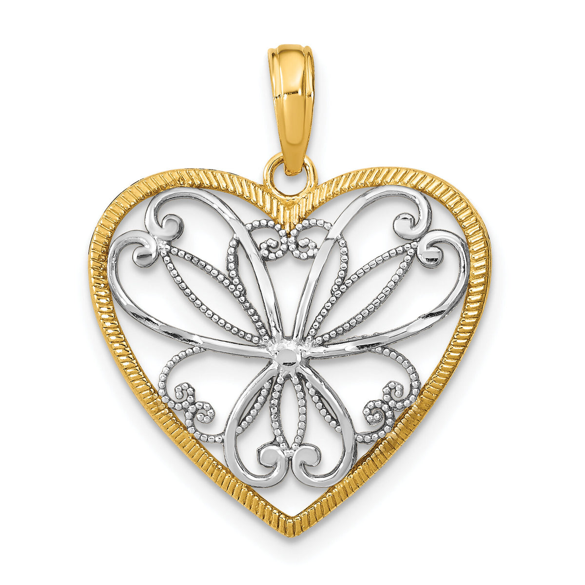14k w/Rhodium Filigree Heart Charm-K9487