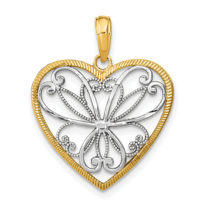 14k w/Rhodium Filigree Heart Charm-K9487