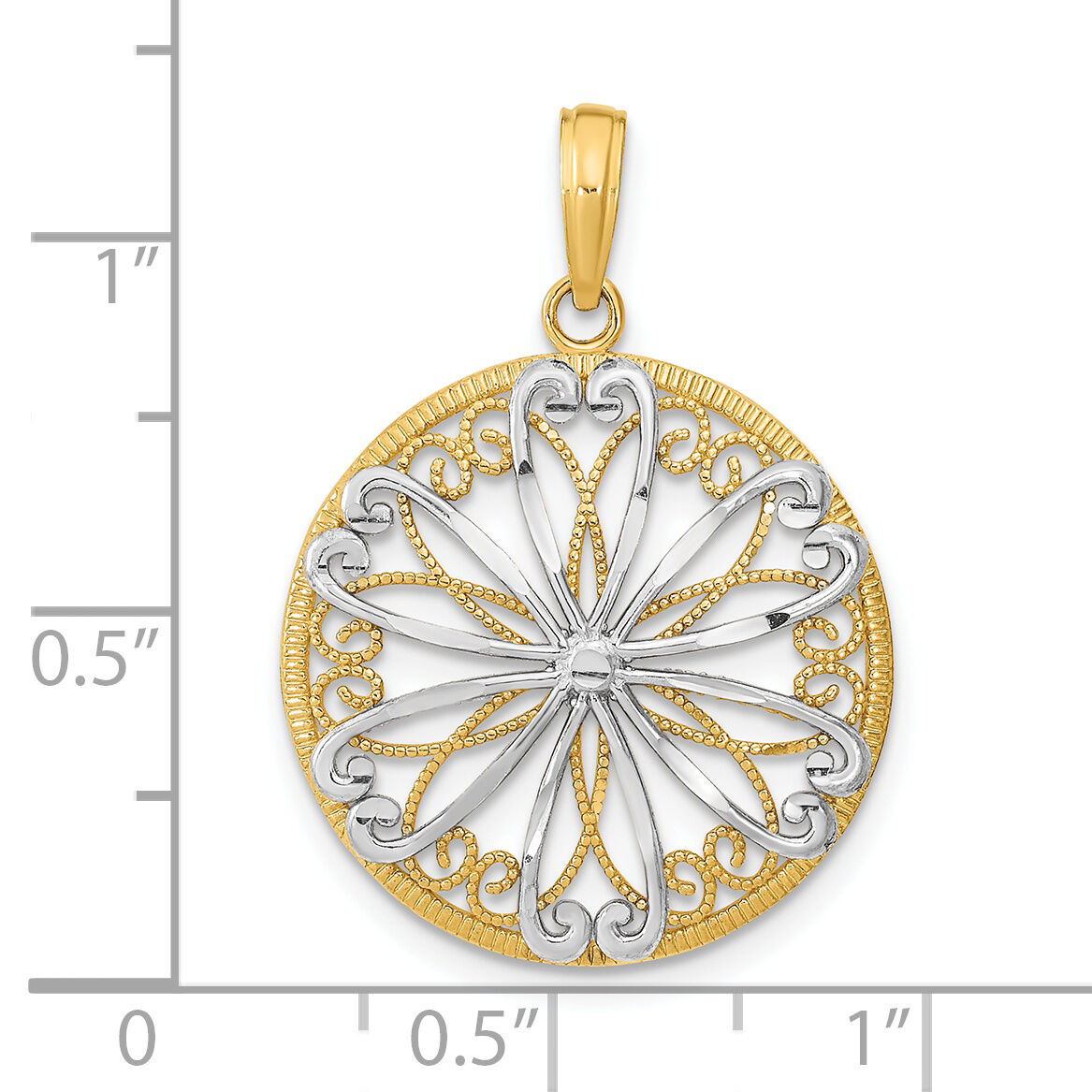 14K w/Rhodium Filigree Center Round Charm-K9488