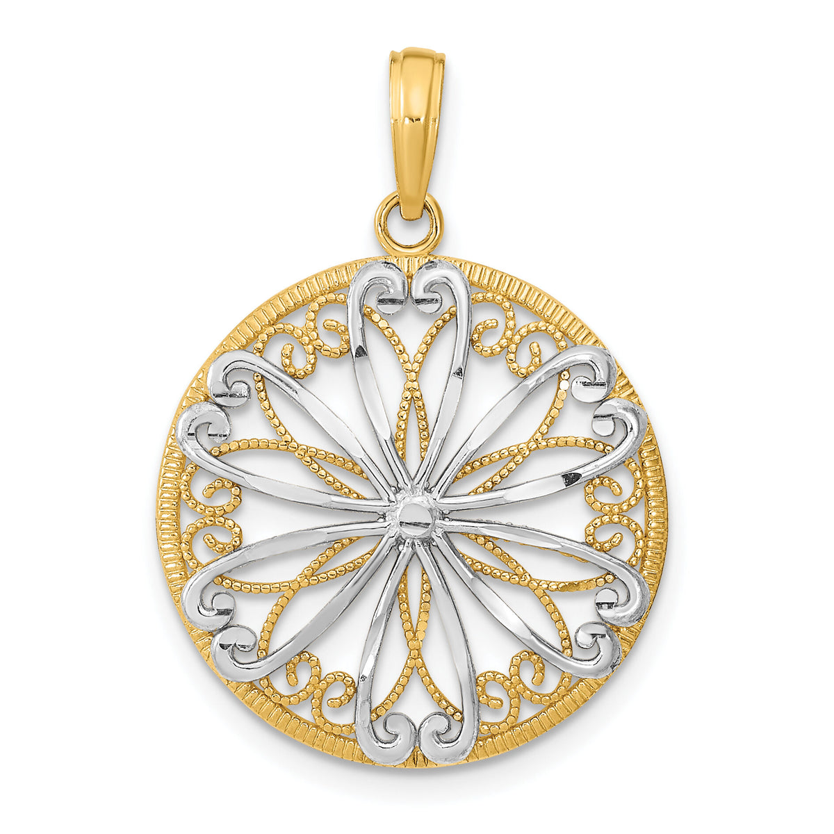 14K w/Rhodium Filigree Center Round Charm-K9488