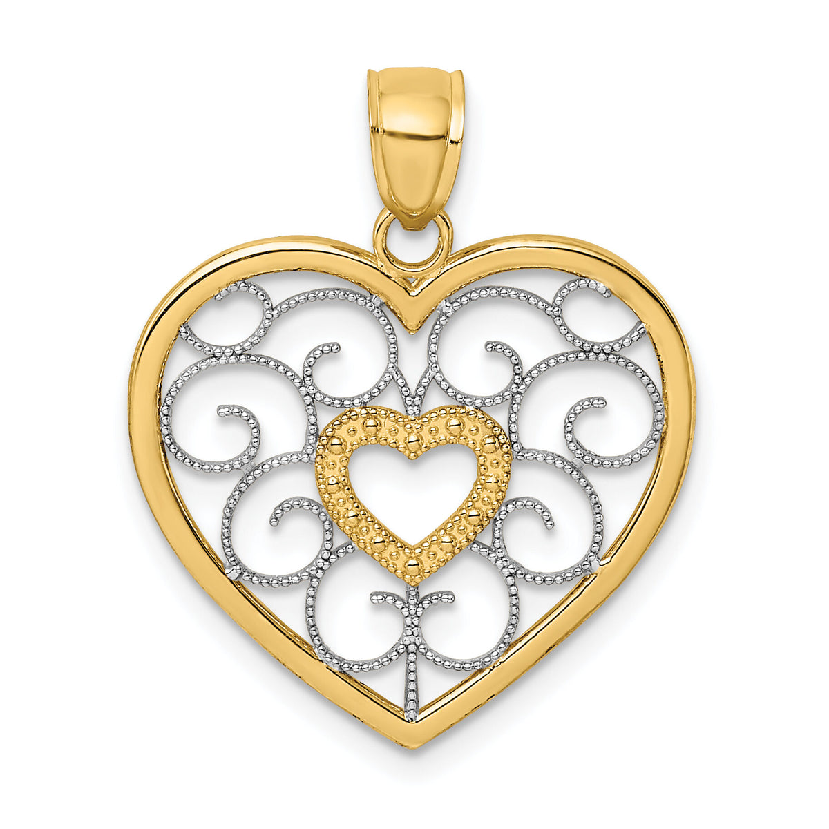 14k w/ Rhodium Filigree Heart Charm-K9490